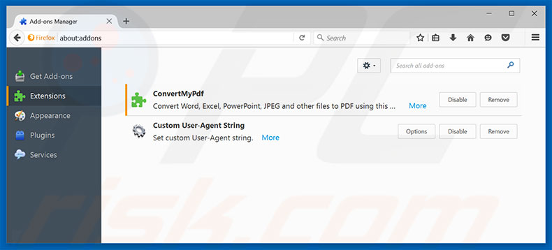 Removing covertmypdf.co related Mozilla Firefox extensions