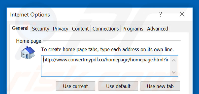 Removing covertmypdf.co from Internet Explorer homepage