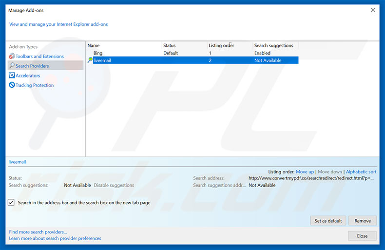Removing covertmypdf.co from Internet Explorer default search engine
