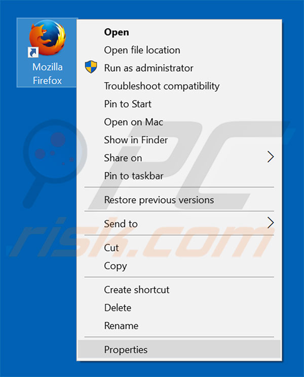 Removing euro-search.net from Mozilla Firefox shortcut target step 1