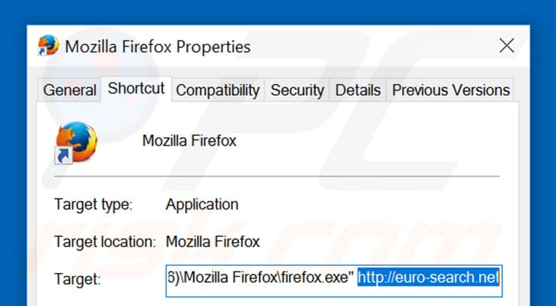 Removing euro-search.net from Mozilla Firefox shortcut target step 2