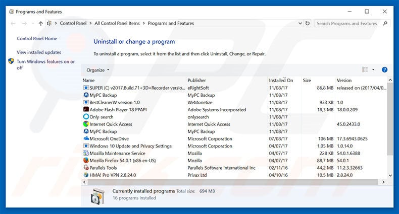 euro-search.net browser hijacker uninstall via Control Panel