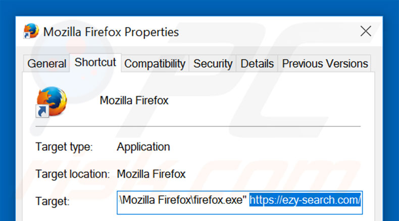 Removing ezy-search.com from Mozilla Firefox shortcut target step 2