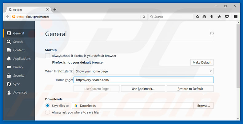 Removing ezy-search.com from Mozilla Firefox homepage