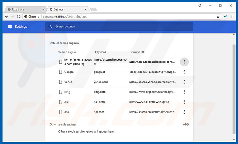 Removing home.fastemailaccess.com from Google Chrome default search engine
