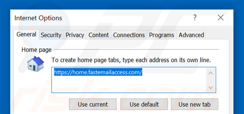 Removing home.fastemailaccess.com from Internet Explorer homepage