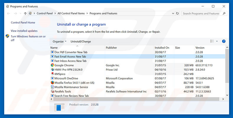 home.fastemailaccess.com browser hijacker uninstall via Control Panel