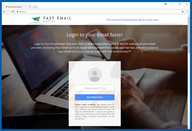 Website used to promote Fast Email Access browser hijacker