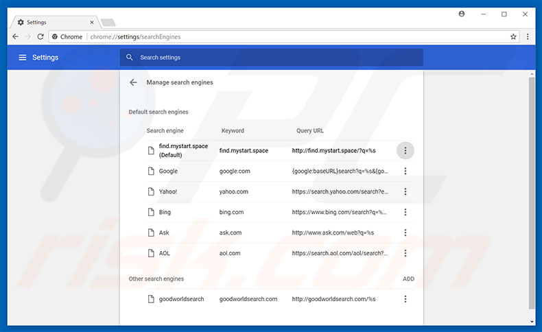 Removing find.mystart.space from Google Chrome default search engine