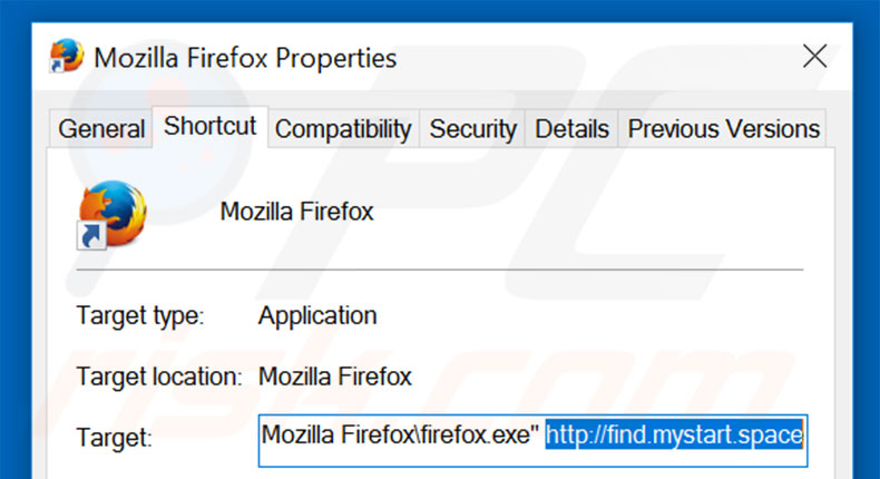 Removing find.mystart.space from Mozilla Firefox shortcut target step 2