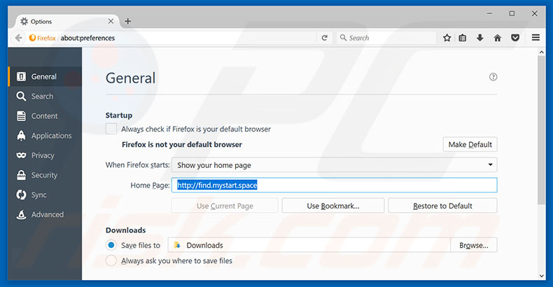Removing find.mystart.space from Mozilla Firefox homepage
