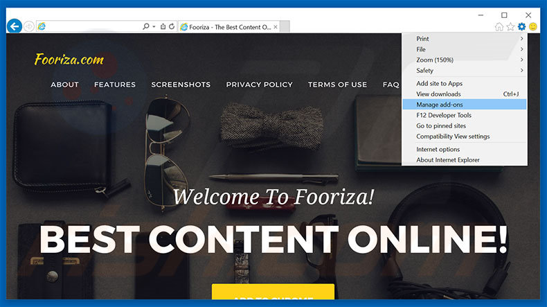 Removing Fooriza ads from Internet Explorer step 1