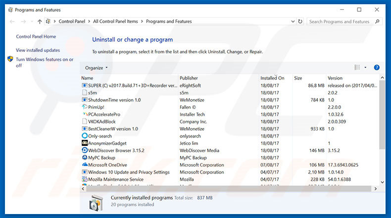 Fooriza adware uninstall via Control Panel