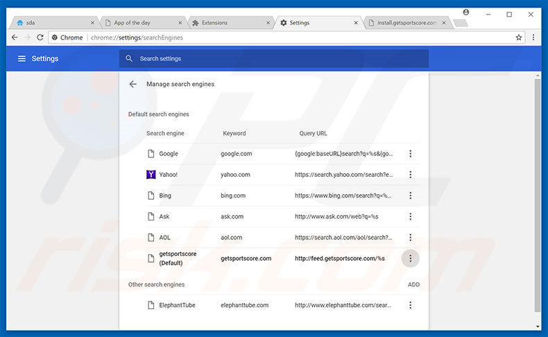 Removing feed.getsportscore.com from Google Chrome default search engine