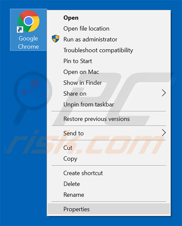 Removing ifastsearch.com from Google Chrome shortcut target step 1