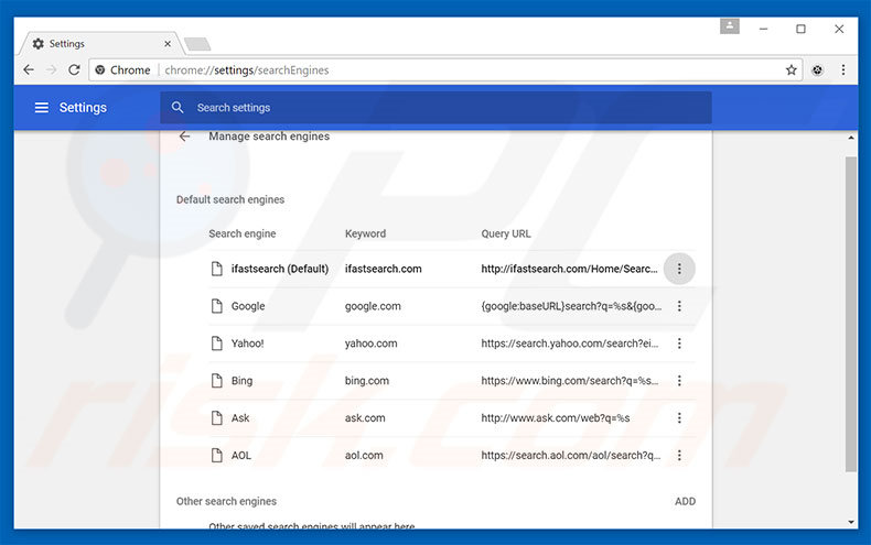 Removing ifastsearch.com from Google Chrome default search engine