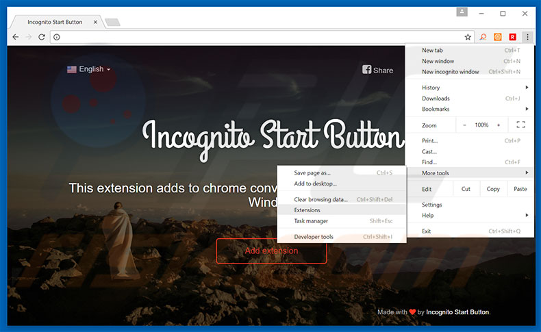 Removing Incognito Start Button  ads from Google Chrome step 1