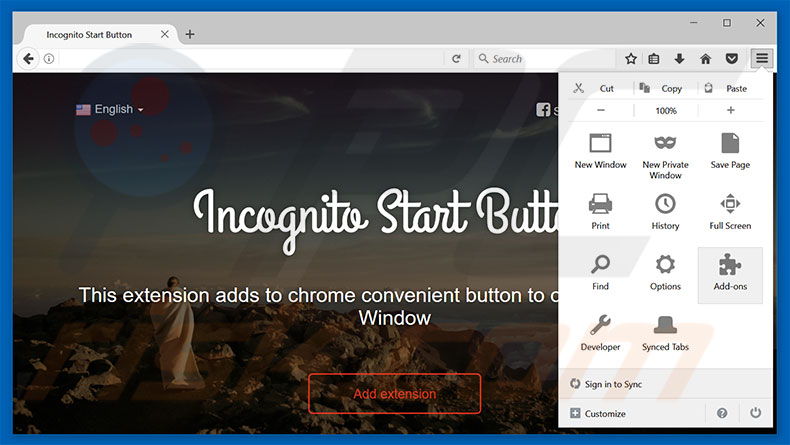 Removing Incognito Start Button ads from Mozilla Firefox step 1