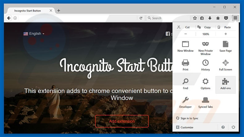 Removing Incognito Start Button ads from Mozilla Firefox step 1