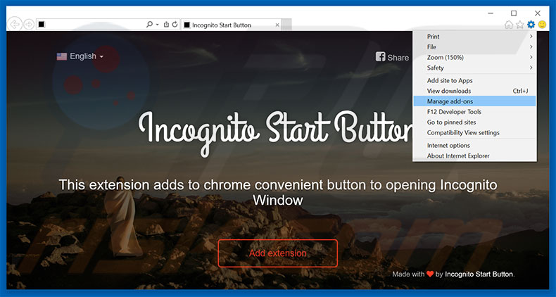 Removing Incognito Start Button ads from Internet Explorer step 1