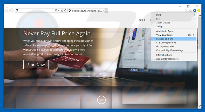 Removing Innovia Secure Shopping ads from Internet Explorer step 1