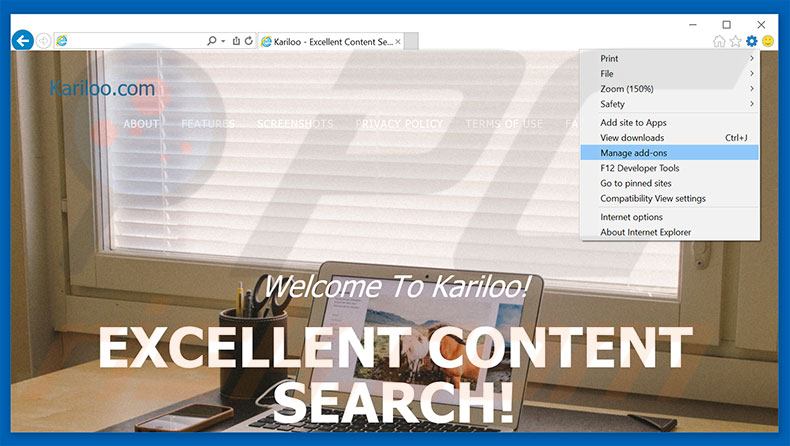 Removing Kariloo ads from Internet Explorer step 1