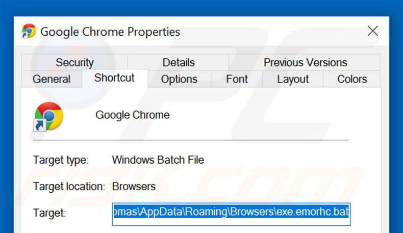 Removing myflow.top from Google Chrome shortcut target step 2