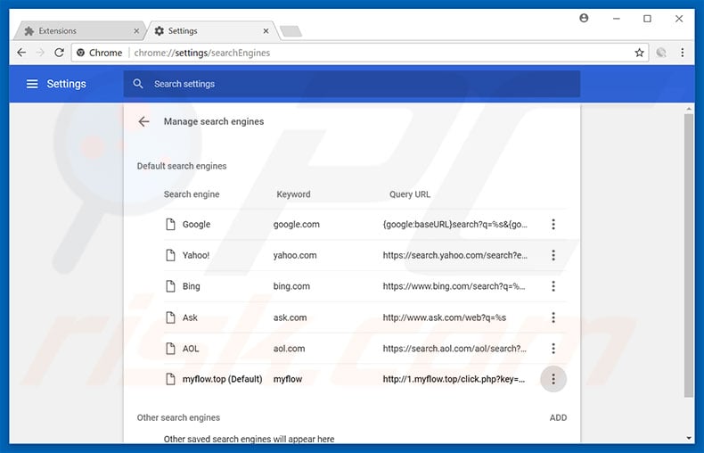 Removing myflow.top from Google Chrome default search engine