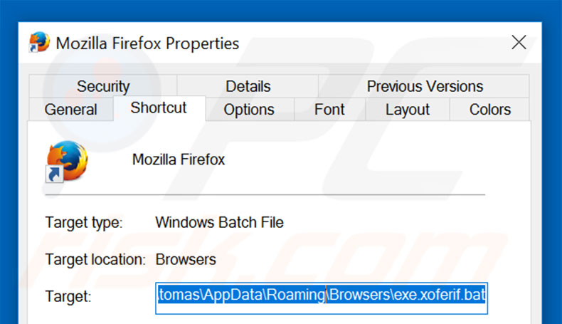 Removing myflow.top from Mozilla Firefox shortcut target step 2