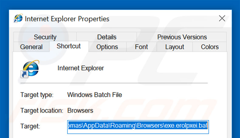 Removing myflow.top from Internet Explorer shortcut target step 2