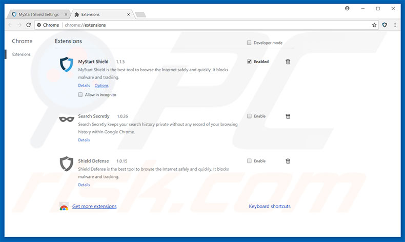 Removing mystartshield.com related Google Chrome extensions