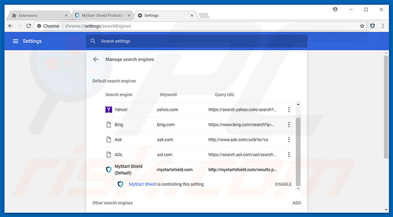 Removing mystartshield.com from Google Chrome default search engine