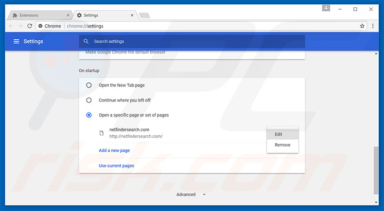 Removing netfindersearch.com from Google Chrome homepage