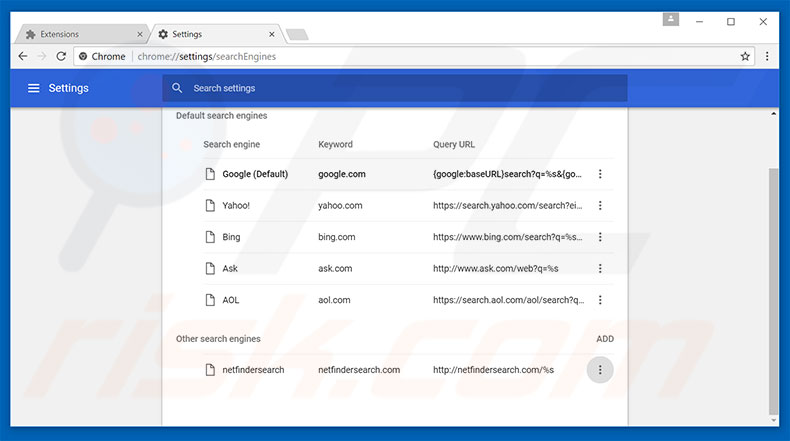 Removing netfindersearch.com from Google Chrome default search engine