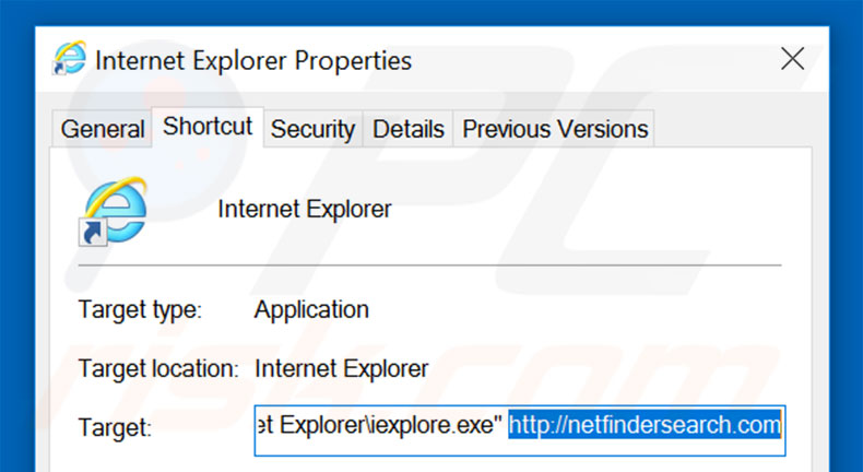 Removing netfindersearch.com from Internet Explorer shortcut target step 2
