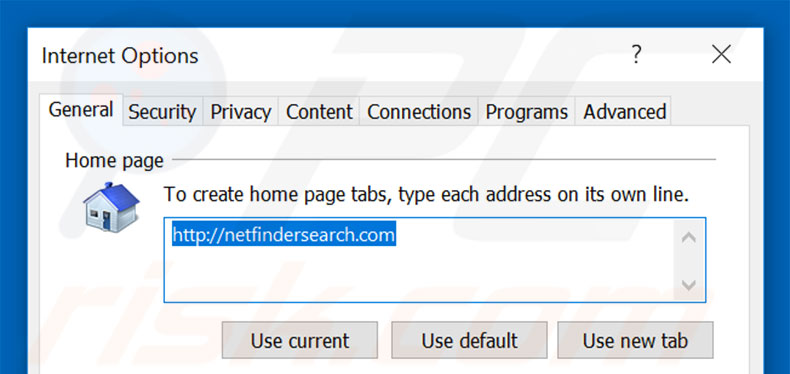 Removing netfindersearch.com from Internet Explorer homepage