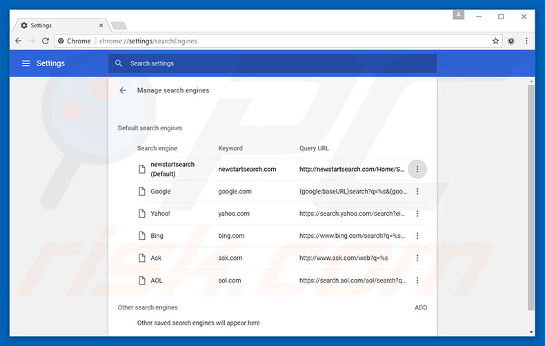 Removing newstartsearch.com from Google Chrome default search engine