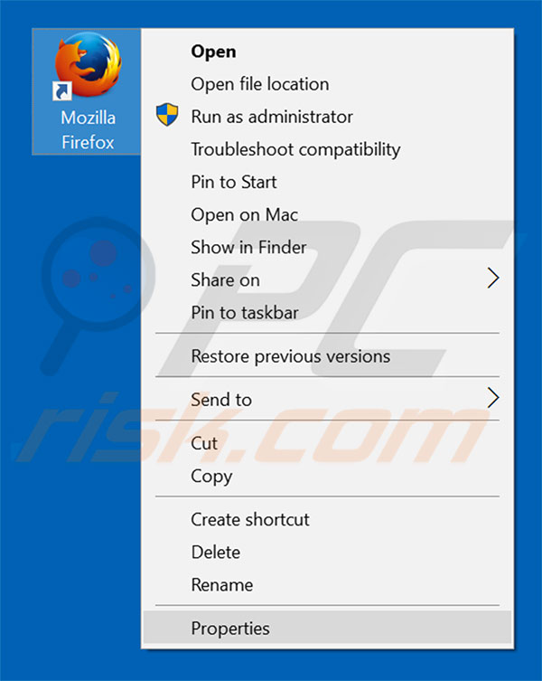 Removing newstartsearch.com from Mozilla Firefox shortcut target step 1