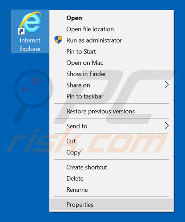 Removing newstartsearch.com from Internet Explorer shortcut target step 1