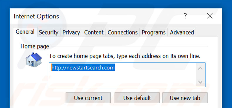 Removing newstartsearch.com from Internet Explorer homepage