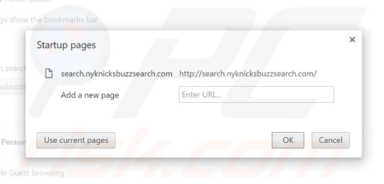 Removing search.nyknicksbuzzsearch.com from Google Chrome homepage