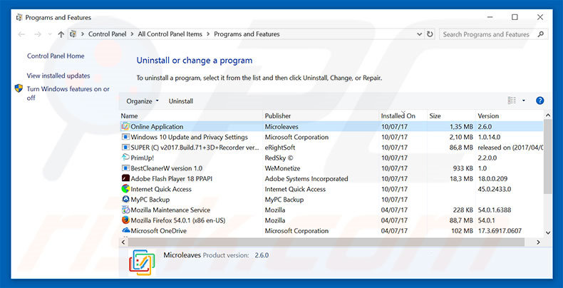 Online Application adware uninstall via Control Panel