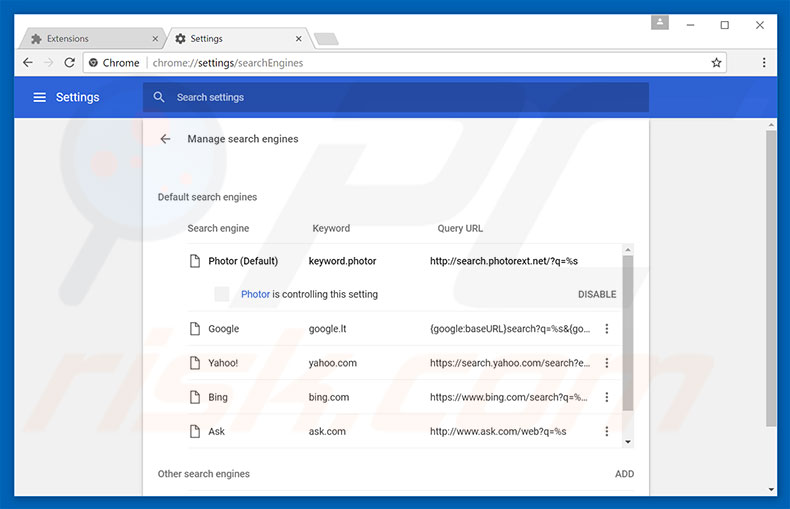 Removing search.photorext.net from Google Chrome default search engine