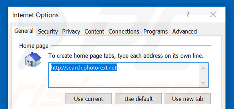Removing search.photorext.net from Internet Explorer homepage