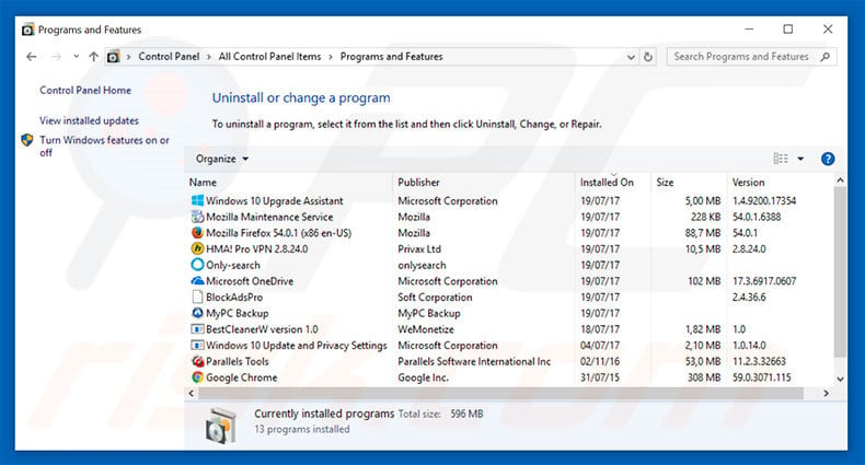 popcash.net adware uninstall via Control Panel