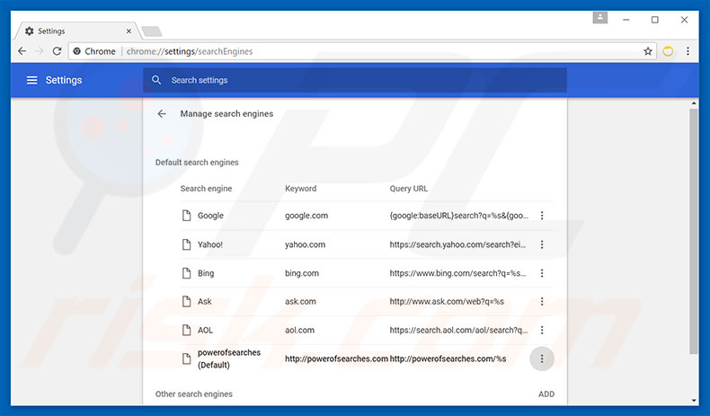 Removing powerofsearches.com from Google Chrome default search engine