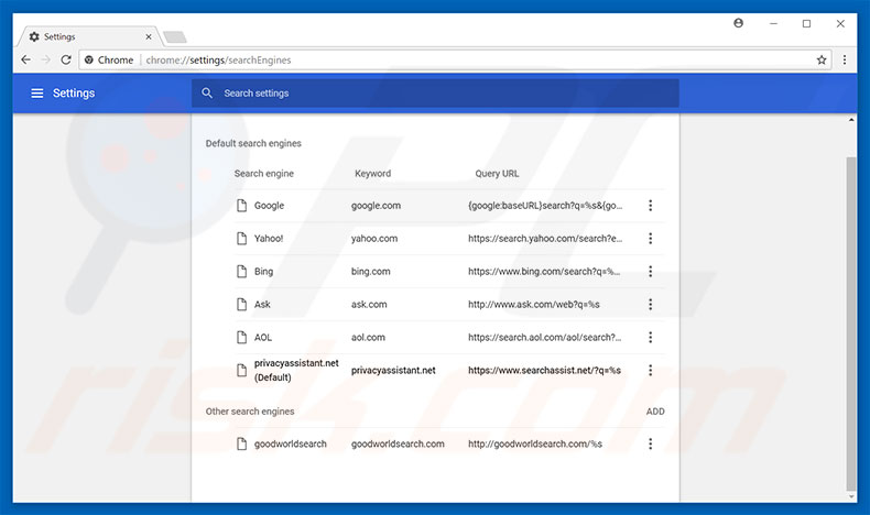 Removing privacyassistant.net from Google Chrome default search engine