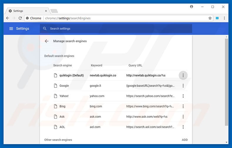 Removing newtab.quiklogin.co from Google Chrome default search engine