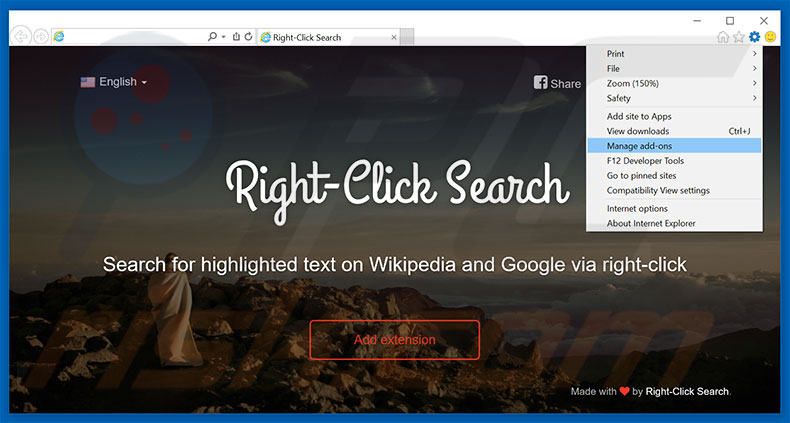 Removing Right-Click Search ads from Internet Explorer step 1