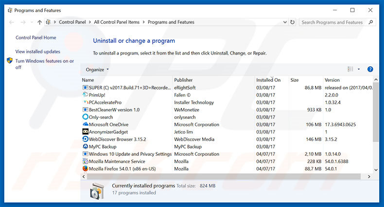 Right-Click Search adware uninstall via Control Panel